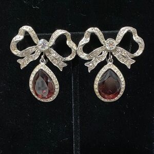 Elegant vintage Kenneth Lane Silver garnet clear CZ Bow tear drop clip Earrings